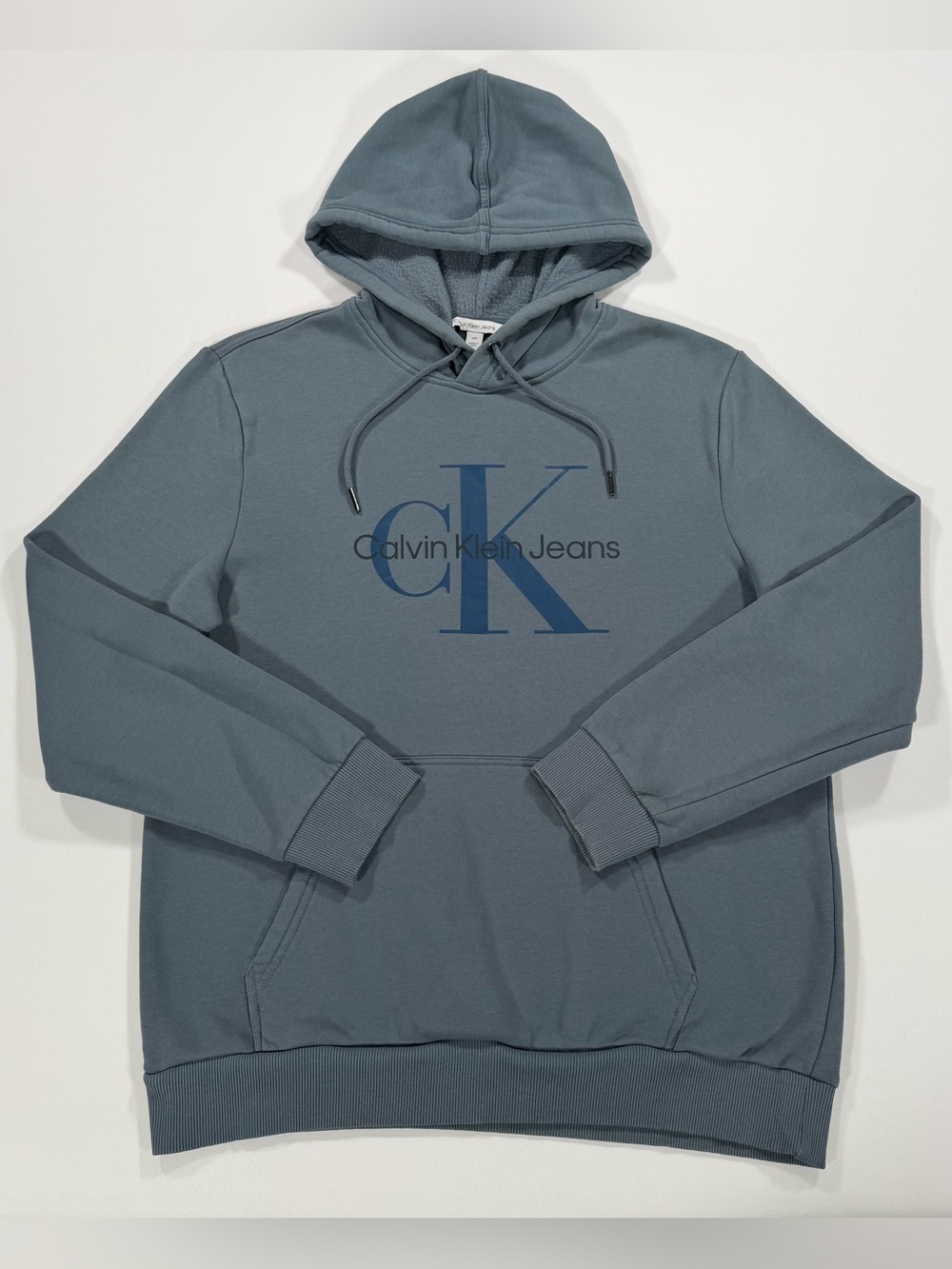 Calvin Klein Hoodie Mens Large Blue Slate Big CK Monogram Logo Sweatshirt